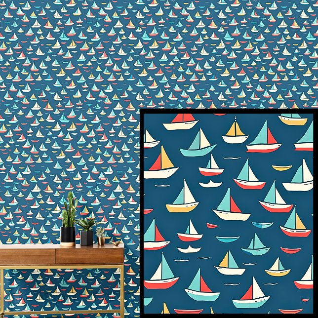 Tiny Sailing Ships Boats, Nautical Red Blue Wallpaper (Creator Uploaded)