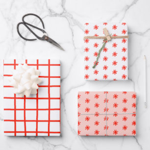 Tiny Scribbled Daisies Grid Whimsical Red Pink Set Wrapping Paper Sheet