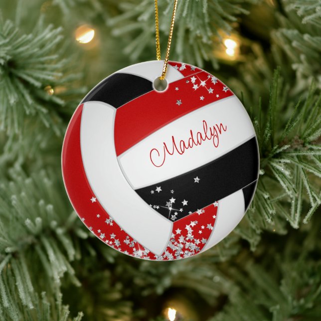 tiny silver stars red black volleyball girls name ceramic tree decoration (Tree)