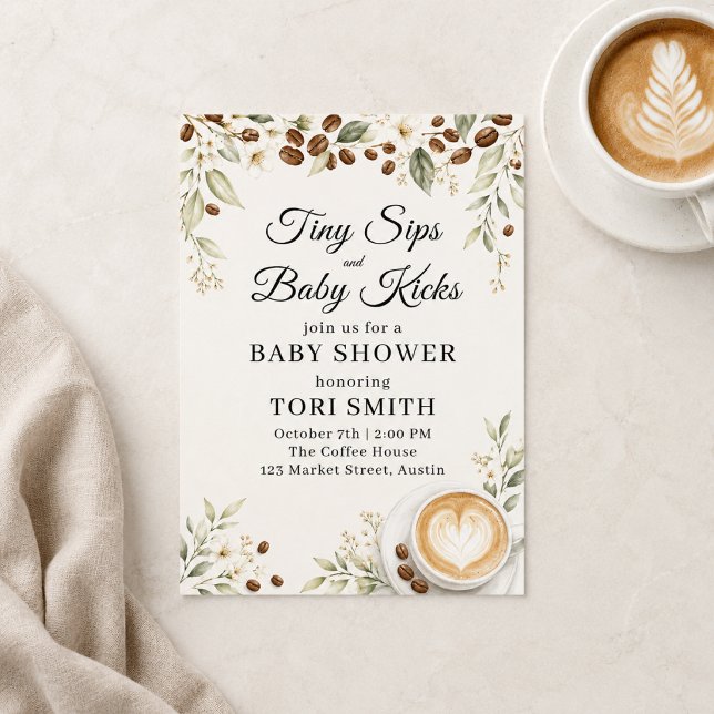 Tiny Sips and Baby Kicks Coffee Baby Shower Invitation (Creator Uploaded)