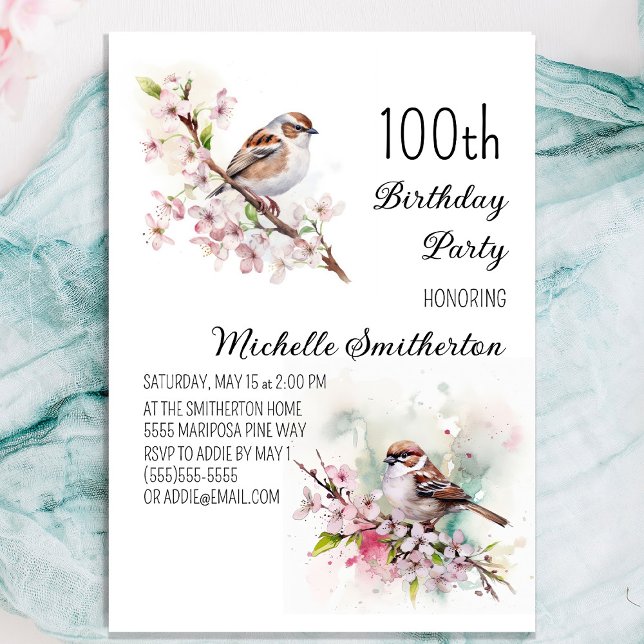 Tiny Sparrow Cherry Blossoms Spring 100th Birthday Invitation (Women's 100th birthday party invitation with pretty little sparrows sitting in cherry blossoms)