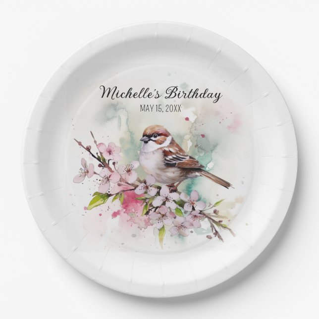 Tiny Sparrow Cherry Blossoms Spring Birthday Name Paper Plate (Front)