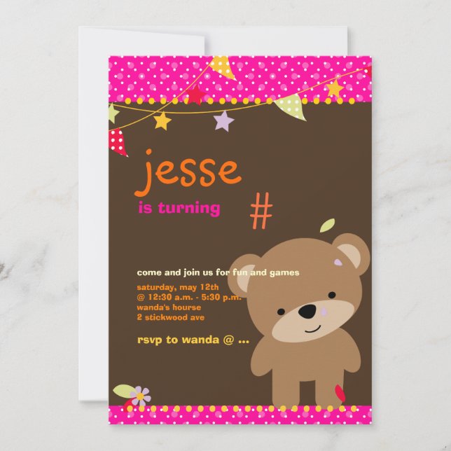Tiny Teddy Bear Personalised Party Invitation (Front)