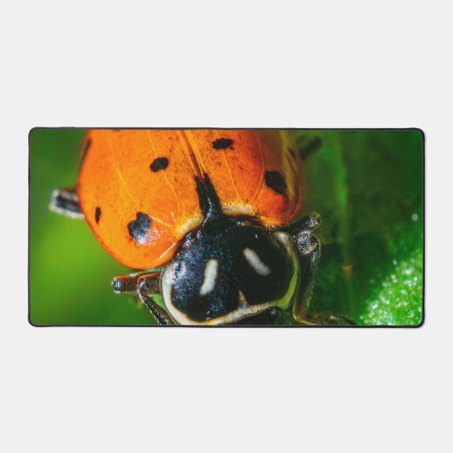 Tiny Traveler: Ladybug on a Leaf Desk Mat (Front)