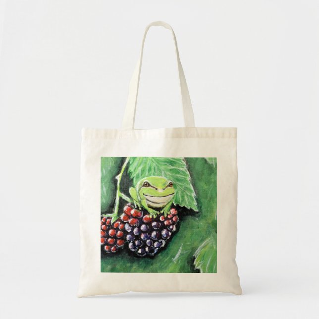 Tiny Tree Frog on a Blackberry Painting Tote Bag (Front)