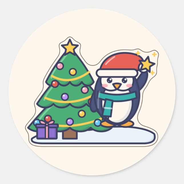 Tiny Tree Trimmer Penguin Decorating a Tree Classic Round Sticker (Front)