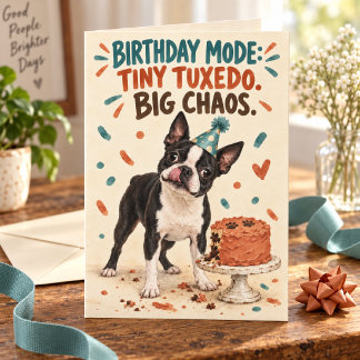 Tiny Tuxedo Big Chaos Boston Terrier Birthday Card