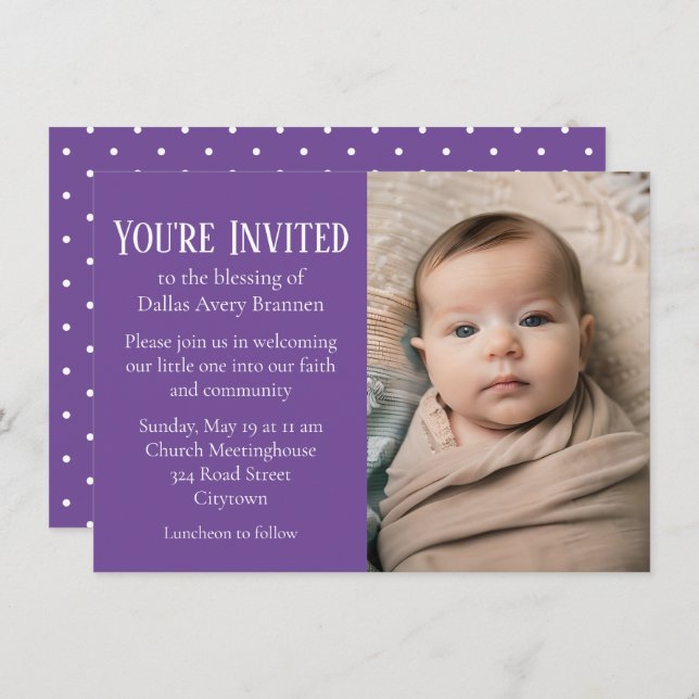 Tiny White Spots on Purple Photo Baby Blessing Invitation (Front/Back)