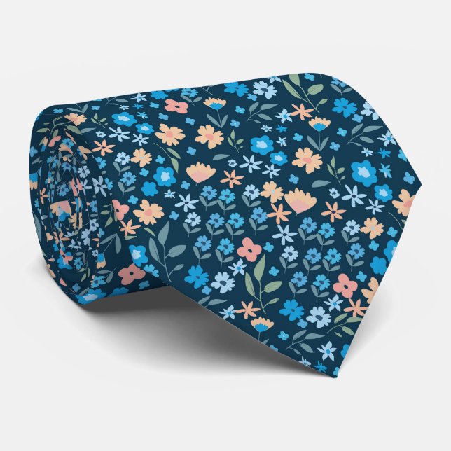 Tiny Wild Floral Blue Navy Pattern Wedding Tie (Rolled)