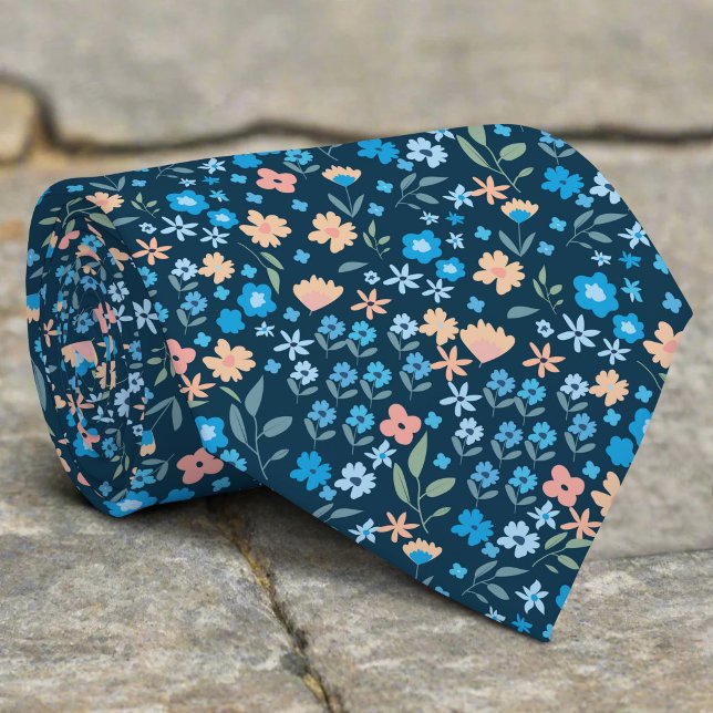 Tiny Wild Floral Blue Navy Pattern Wedding Tie (Creator Uploaded)