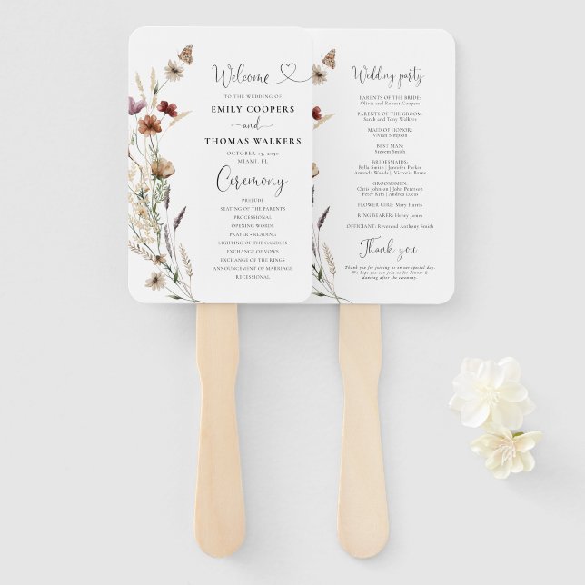 Tiny Wildflower Wedding Program Hand Fan (Front and Back)