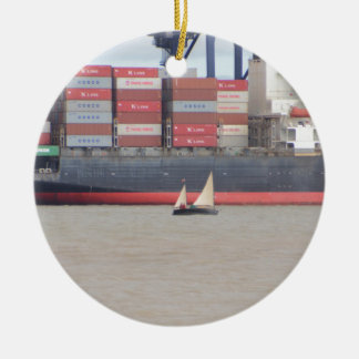 Tiny Yacht  And Huge Container Ship Ceramic Tree Decoration