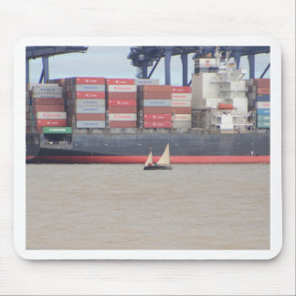 Tiny Yacht  And Huge Container Ship Mouse Pad
