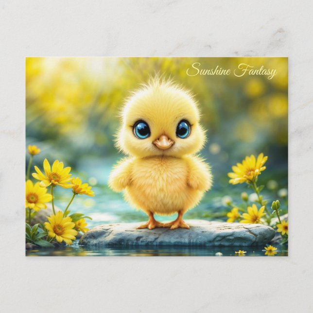 Tiny yellow chick dreamy golden light nature art postcard (Front)