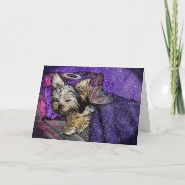 Tiny Yorkie Sleeping Angel Halo Memorial Art Card (Front)