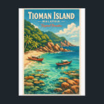 Tioman Island, Malaysia, in a vibrant tropical Postcard<br><div class="desc">Travel poster featuring Tioman Island, Malaysia, in a vibrant tropical vintage style. Crystal-clear turquoise sea, white sandy beach, lush green jungle-covered hills, and dramatic rocky coastline. Include traditional wooden boats near the shore and coral reefs visible beneath shallow water. Tropical color palette: turquoise blue, emerald green, sandy beige, soft coral....</div>