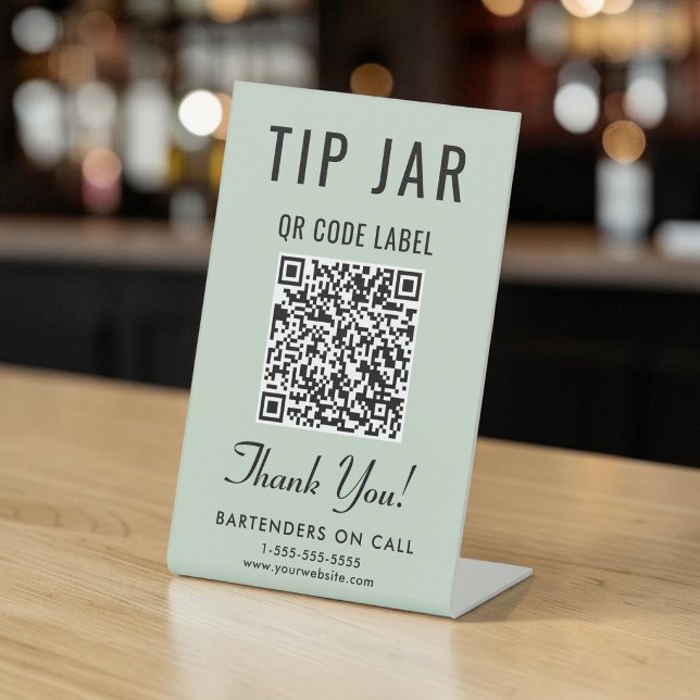 Tip Jar QR Code Sage Green Tabletop Pedestal Sign (Tip Jar QR Code Sage Green Tabletop Pedestal Sign)