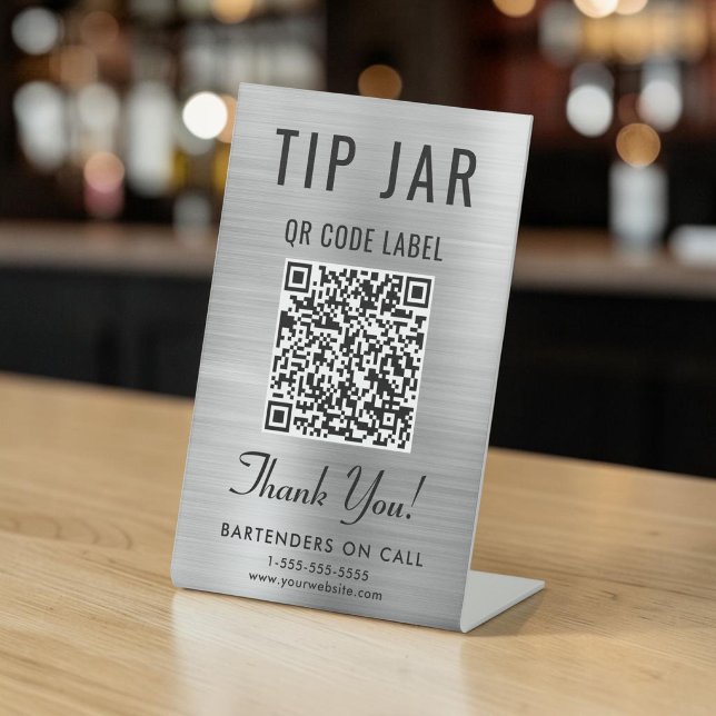 Tip Jar QR Code Silver Tabletop Pedestal Sign (Tip Jar QR Code Silver Tabletop Pedestal Sign)