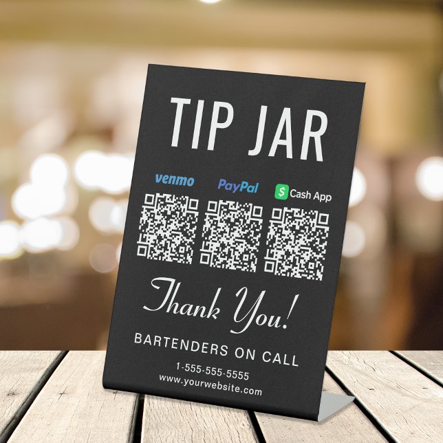 Tip Jar Venmo Paypal Cashapp QR Codes Black Pedestal Sign (Empower your customers to tip conveniently and securely with just a scan – no more fumbling for cash)