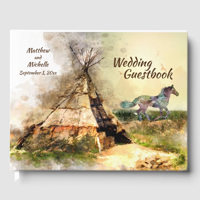 Tipi and Indian Pony Boho Horse Teepee Wedding Guest Book (Front)