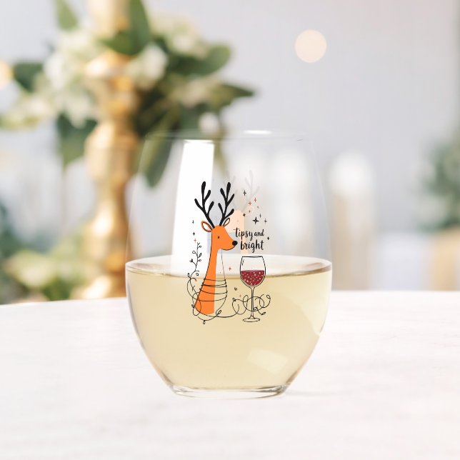 Tipsy and Bright Reindeer  Stemless Wine Glass (Insitu (Wedding))