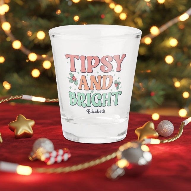 Tipsy and Bright Retro Personalised Christmas Shot Glass (Tipsy and Bright Retro Personalized Christmas Shot Glass)