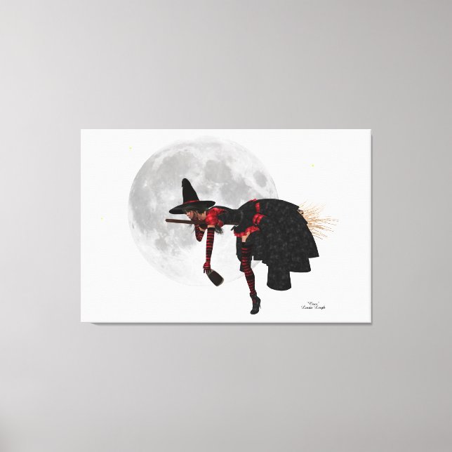 Tipsy Witch On Flying Broom Canvas Print (Front)