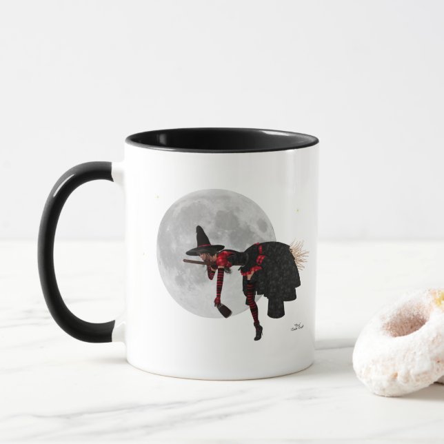 Tipsy Witch On Flying Broom Coffee Mug (With Donut)