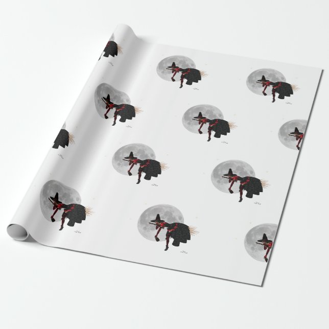 Tipsy Witch On Flying Broom Wrapping Paper (Unrolled)