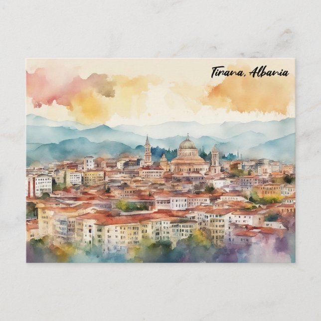 Tirana Albania Watercolor Painting Panorama View Postcard (Front)