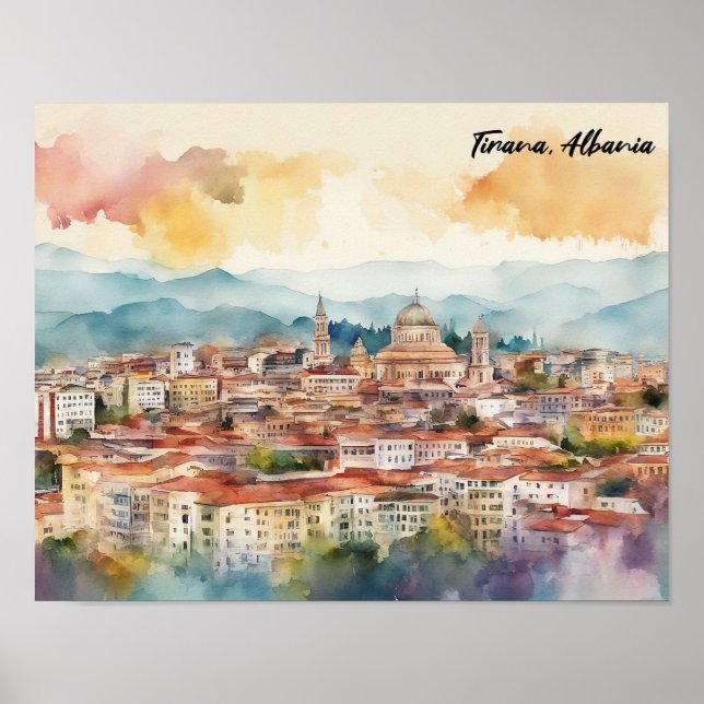Tirana Albania Watercolor Painting Panorama View Poster (Front)