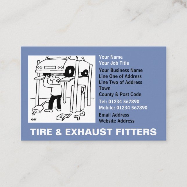 Tire & Exhaust Fitters Cartoon Business Card (Front)