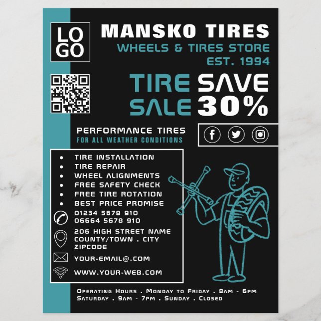 Tire Repair Logo, Tire/Tyre Specialist Shop Flyer (Front)