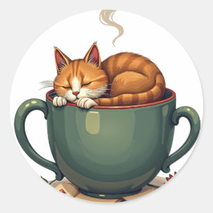 Tired Cat Coffee Addict Morning Grind Retro Sticke Classic Round Sticker