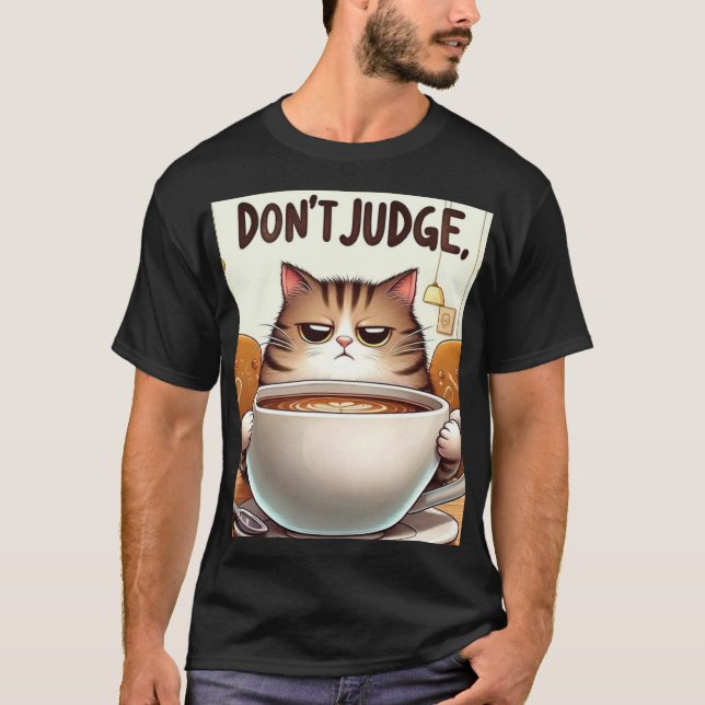 Tired Kitty Enjoying enormous cup of coffee. T-Shirt (Front)