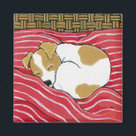 Tired Little Pup - Sleeping Dog Art Magnet<br><div class="desc">Dog art fridge magnets make great gifts for dog lovers. This magnet features a sleeping tan and white jack russell pup curled up in her favourite basket. Created from an original painting © Lisa Marie Robinson. All Rights Reserved</div>