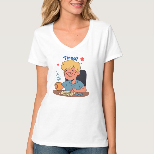 Tired Office Worker Cartoon – Funny Coffee & Work  T-Shirt (Front)