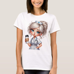 TIRED OVERWORKED CUTE NURSE WITH COFFEE T-Shirt