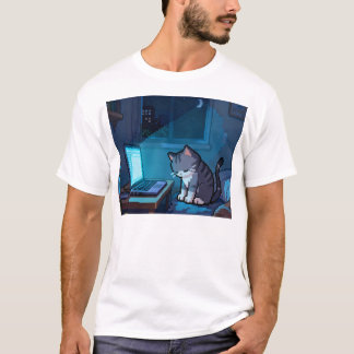 Tired Pixel Cat at Laptop at Night – Sad T-Shirt
