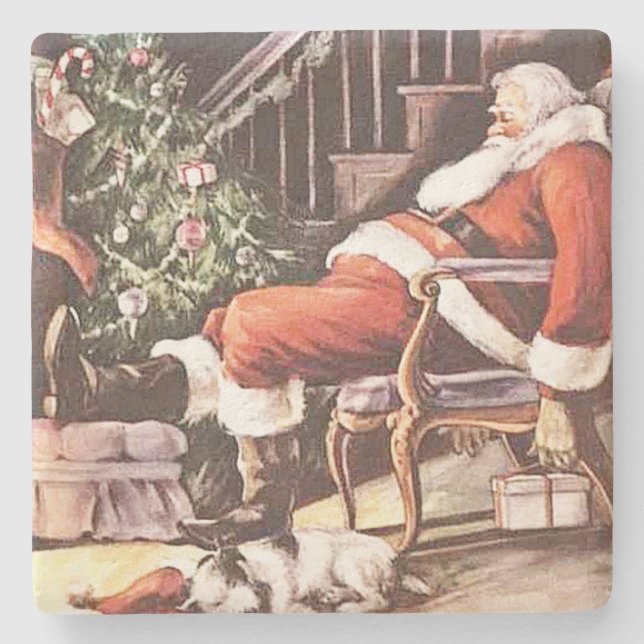 Tired Santa Claus Christmas Stone Coaster (Front)