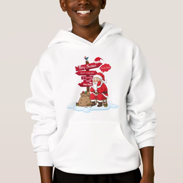 Tired Santa Kids Cozy Christmas Pullover Hoodie (Front)