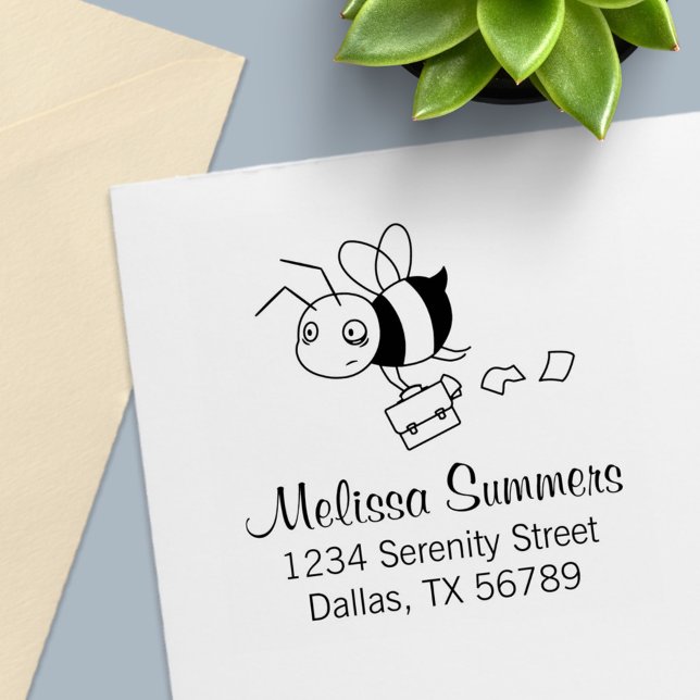 Tired Stressed Worker Bee Holding Briefcas Address Self-inking Stamp (Creator Uploaded)