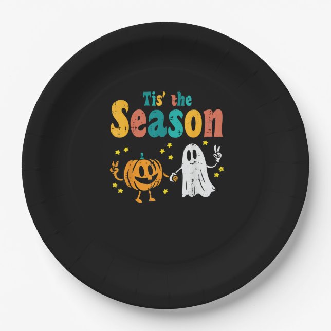 Tis Season Pumpkin Leaf Latte Fall Softball Paper Plate (Front)
