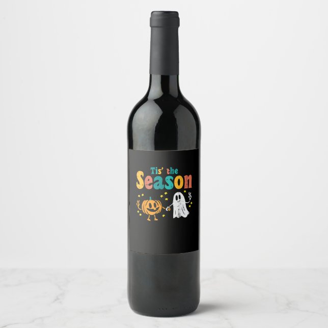 Tis Season Pumpkin Leaf Latte Fall Softball Wine Label (Front)