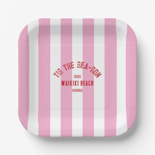 Tis The Sea Son Custom Beach Christmas Pink Stripe Paper Plate (Front)