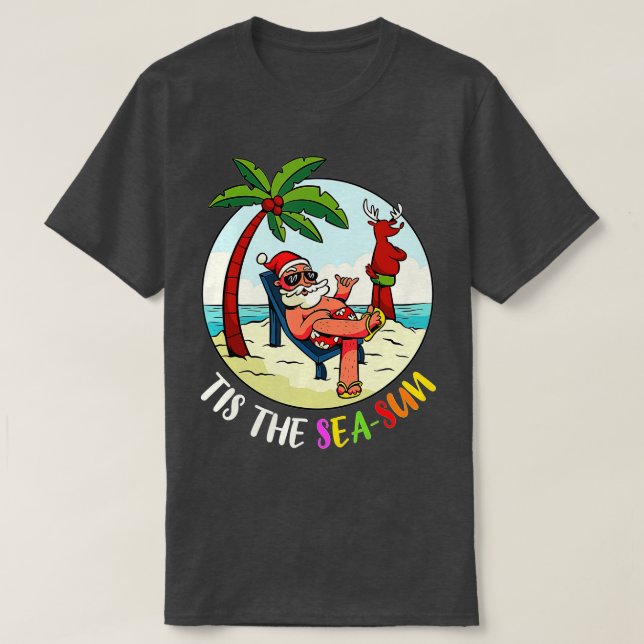 Tis The Sea-Sun Funny Santa Beach Summer Christmas T-Shirt (Design Front)