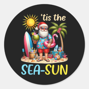 Tis The Sea Sun Hawaiian Santa Claus Christmas In Classic Round Sticker