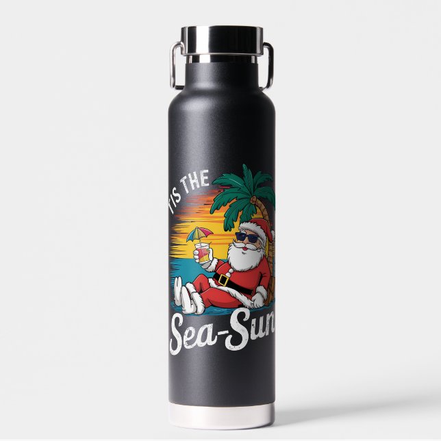 Tis The Sea Sun Santa Beach Christmas In Juy  Water Bottle (Front)