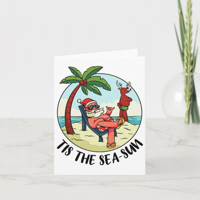 Tis The Sea-sun Santa Claus Beach Summer Christmas Card (Front)