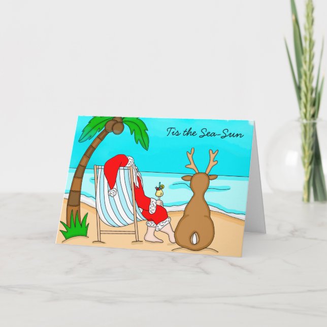 Tis the Sea-Sun Santa on Beach with Reindeer Holiday Card (Front)